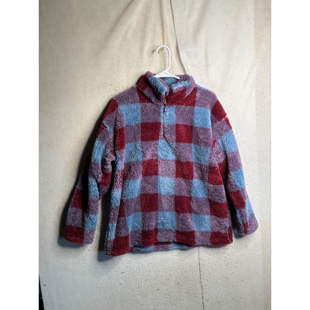 Eddie Bauer Womens XL Fleece Pullover Quarter Zip Blue Burgundy Plaid 8927